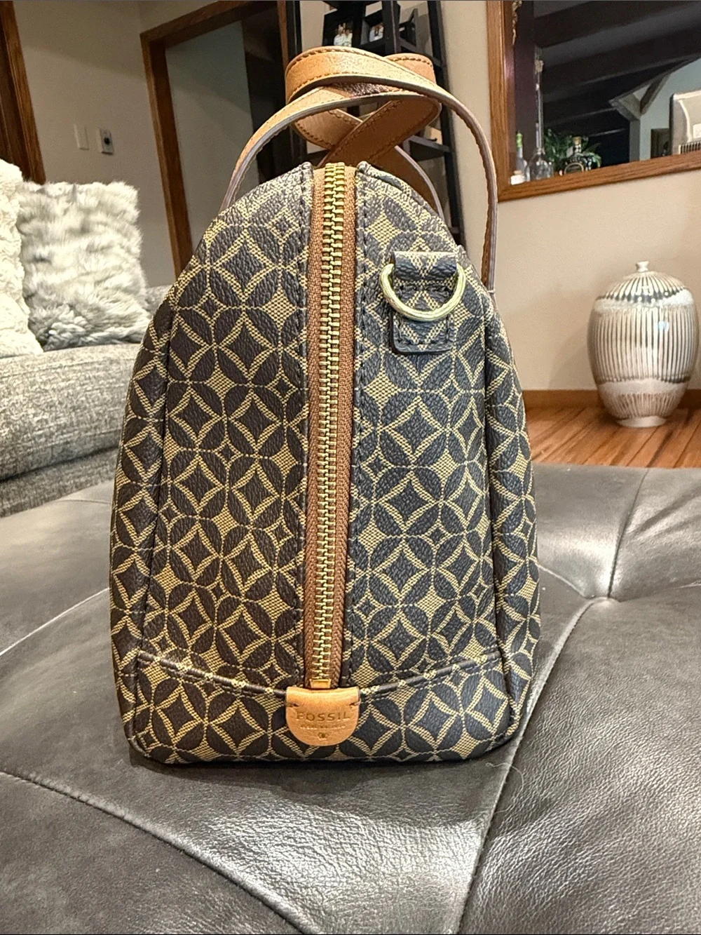 Fossil Sydney Satchel Handbag in Brown & Tan Patterned Coated Canvas